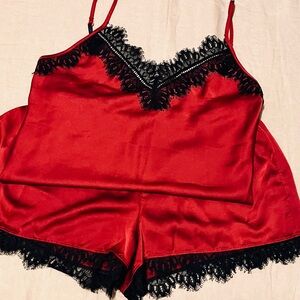 Josie Natori : Elegant Red Lace Trim Sleepwear Set
